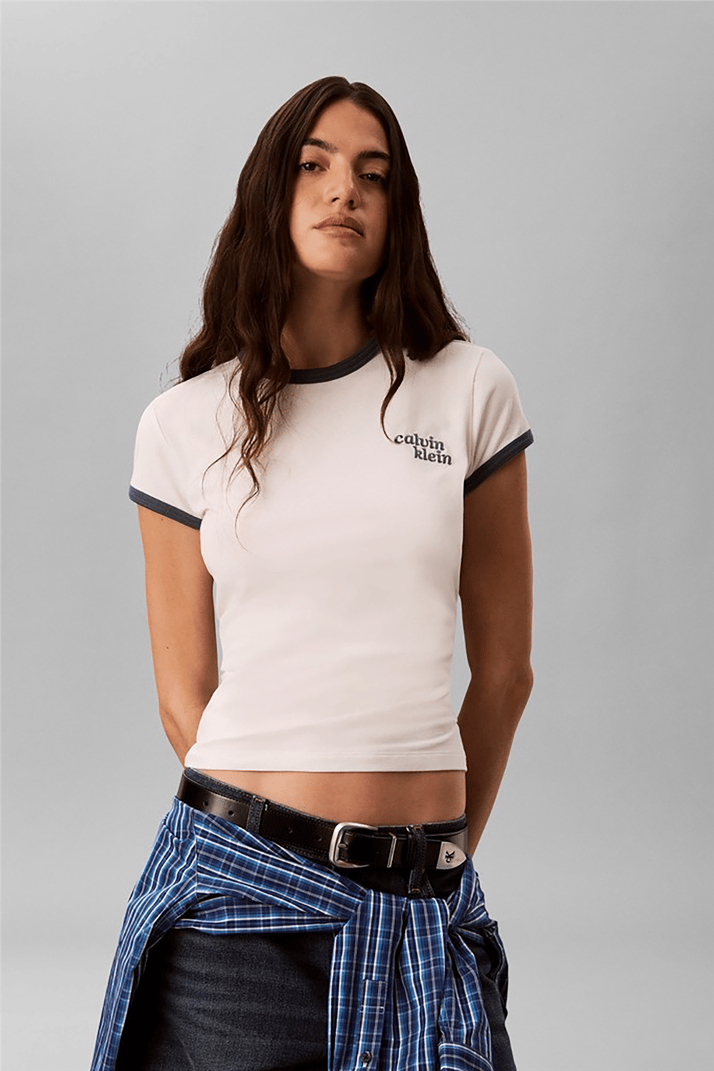 Calvin Klein Ss Slim Logo Ringer Tee Kadın Bisiklet Yaka T-Shirt Beyaz