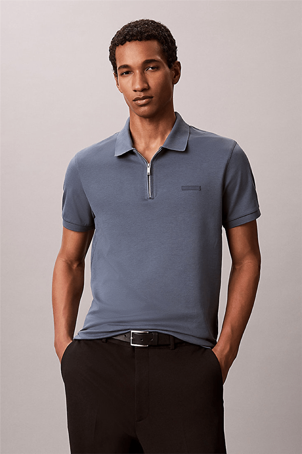 Calvin Klein SS Slim Supima Zip Polo Erkek Polo Yaka T-Shirt Gri