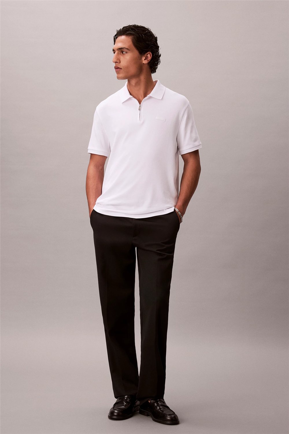 Calvin Klein SS Slim Supima Zip Polo Erkek Polo Yaka T-Shirt Beyaz