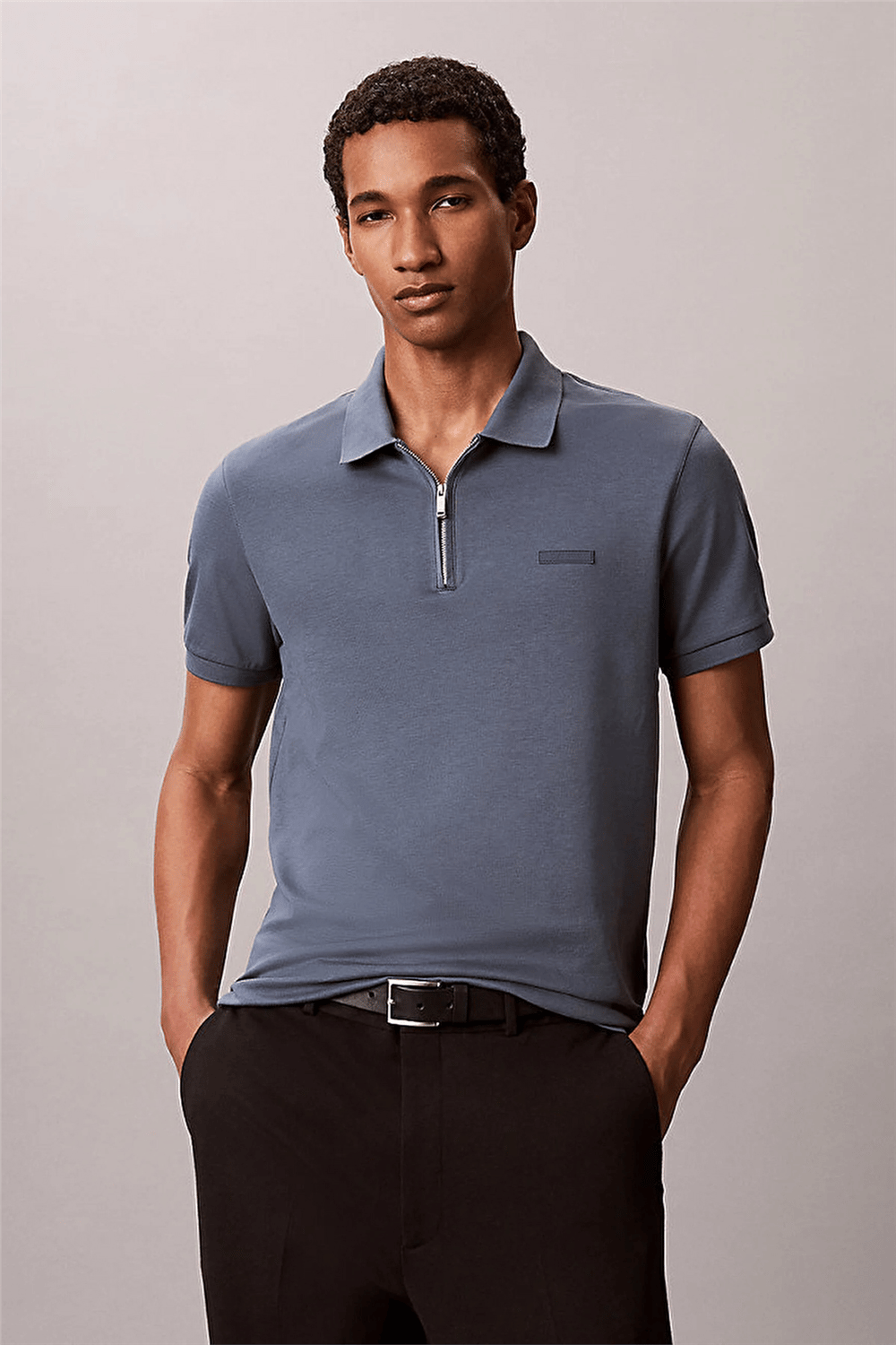 Calvin Klein SS Slim Supima Zip Polo Erkek Polo Yaka T-Shirt Gri