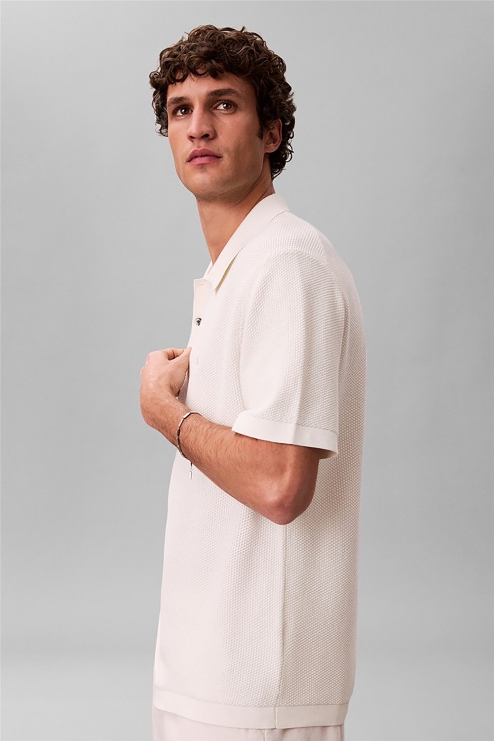 Calvin Klein Ss Txtrd Cttn Polo Swtr 12Gg Erkek Triko Beyaz
