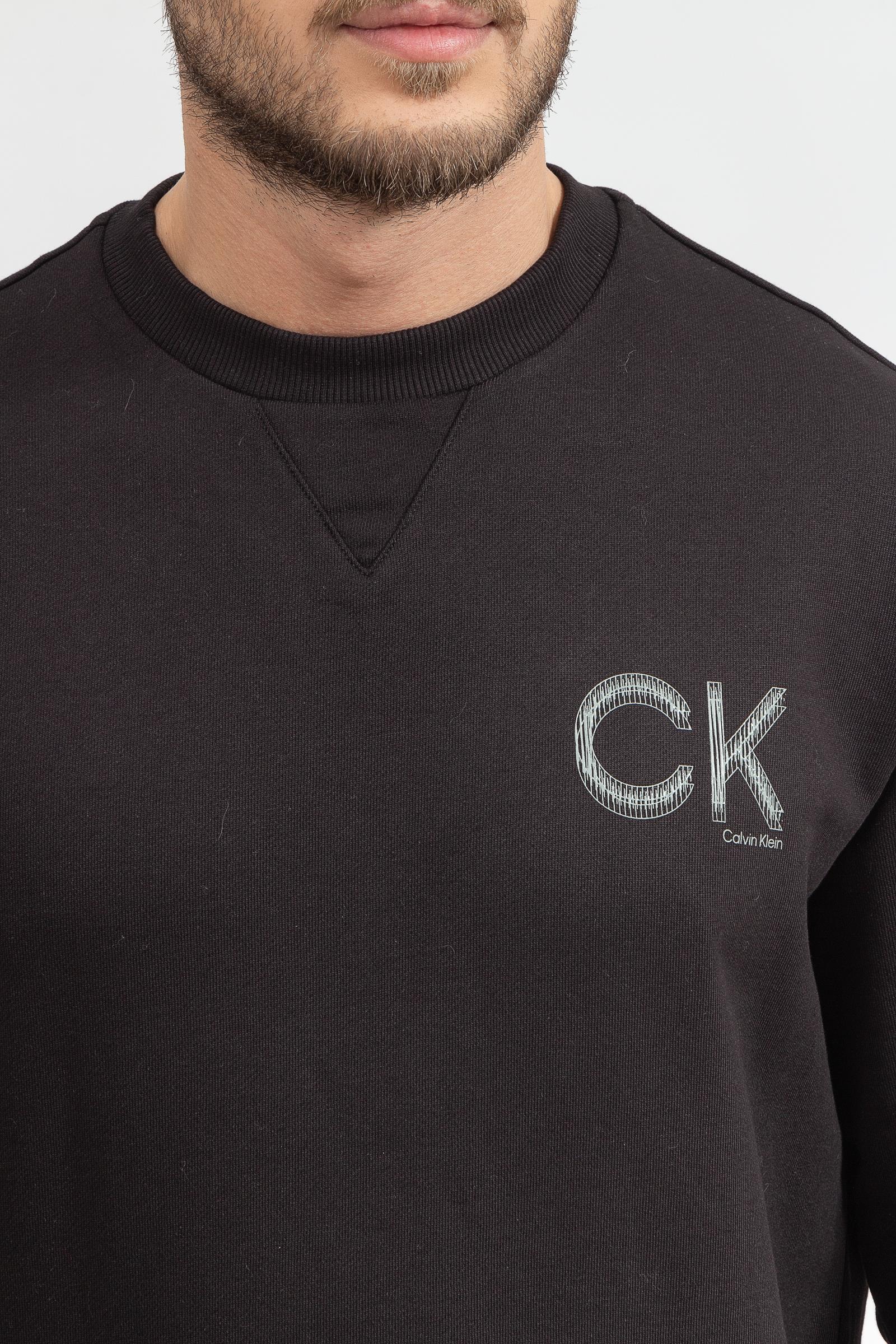 Calvin Klein Striped Chest Logo Erkek Bisiklet Yaka Sweatshirt
