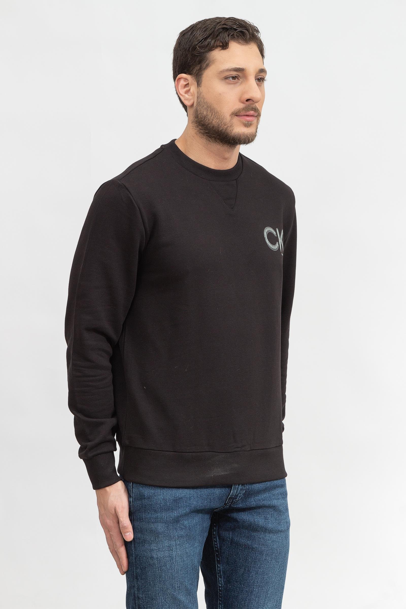 Calvin Klein Striped Chest Logo Erkek Bisiklet Yaka Sweatshirt