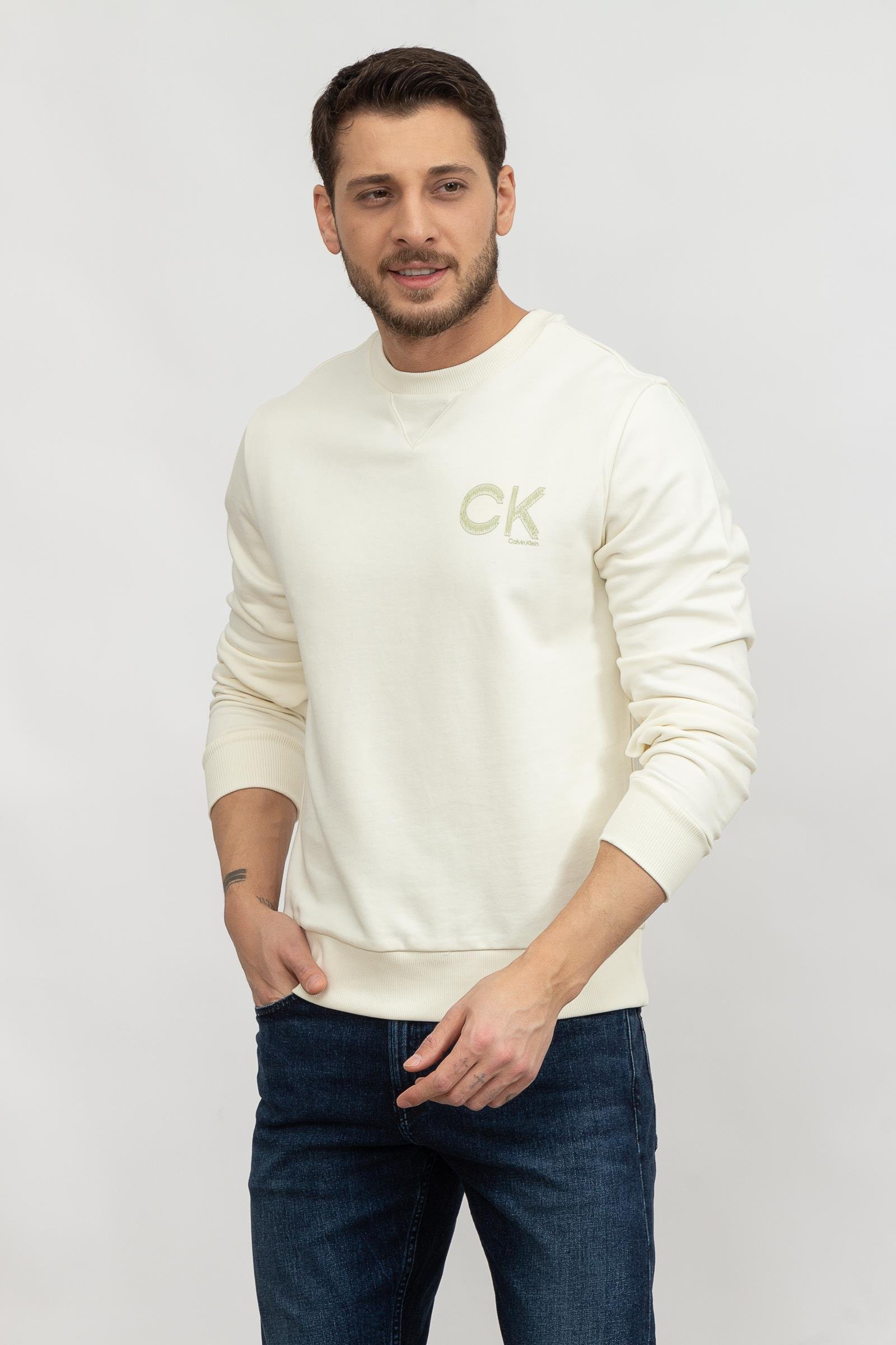 Calvin Klein Striped Chest Logo Erkek Bisiklet Yaka Sweatshirt