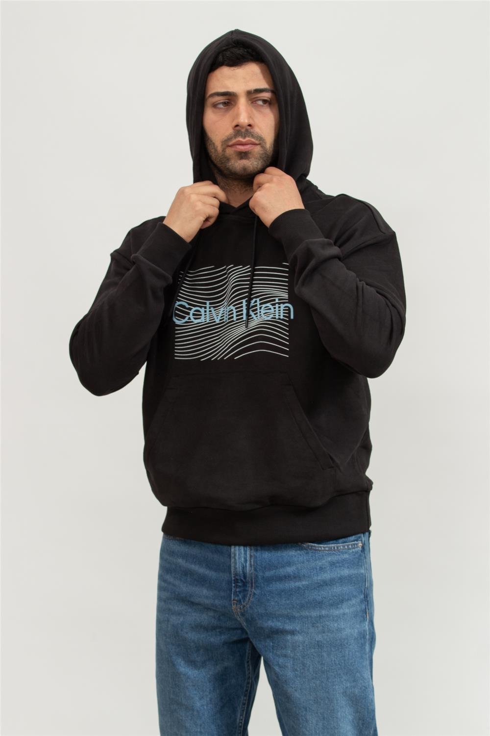 Calvin Klein Wave Lines Hero Logo Erkek Kapüşonlu Sweatshirt
