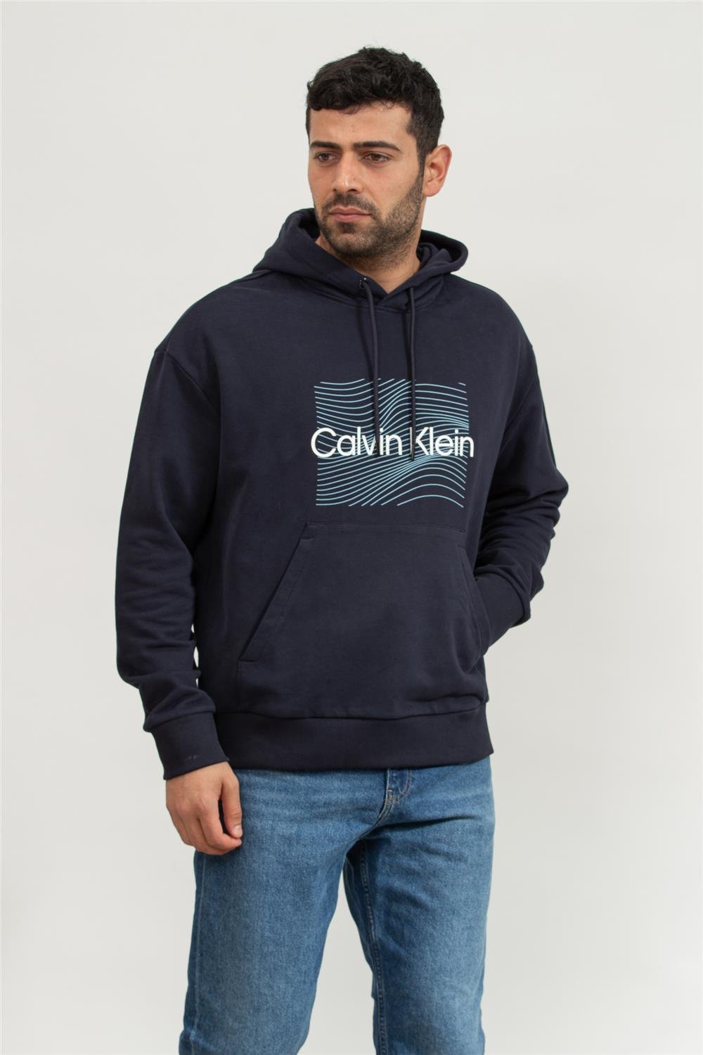 Calvin Klein Wave Lines Hero Logo Erkek Kapüşonlu Sweatshirt