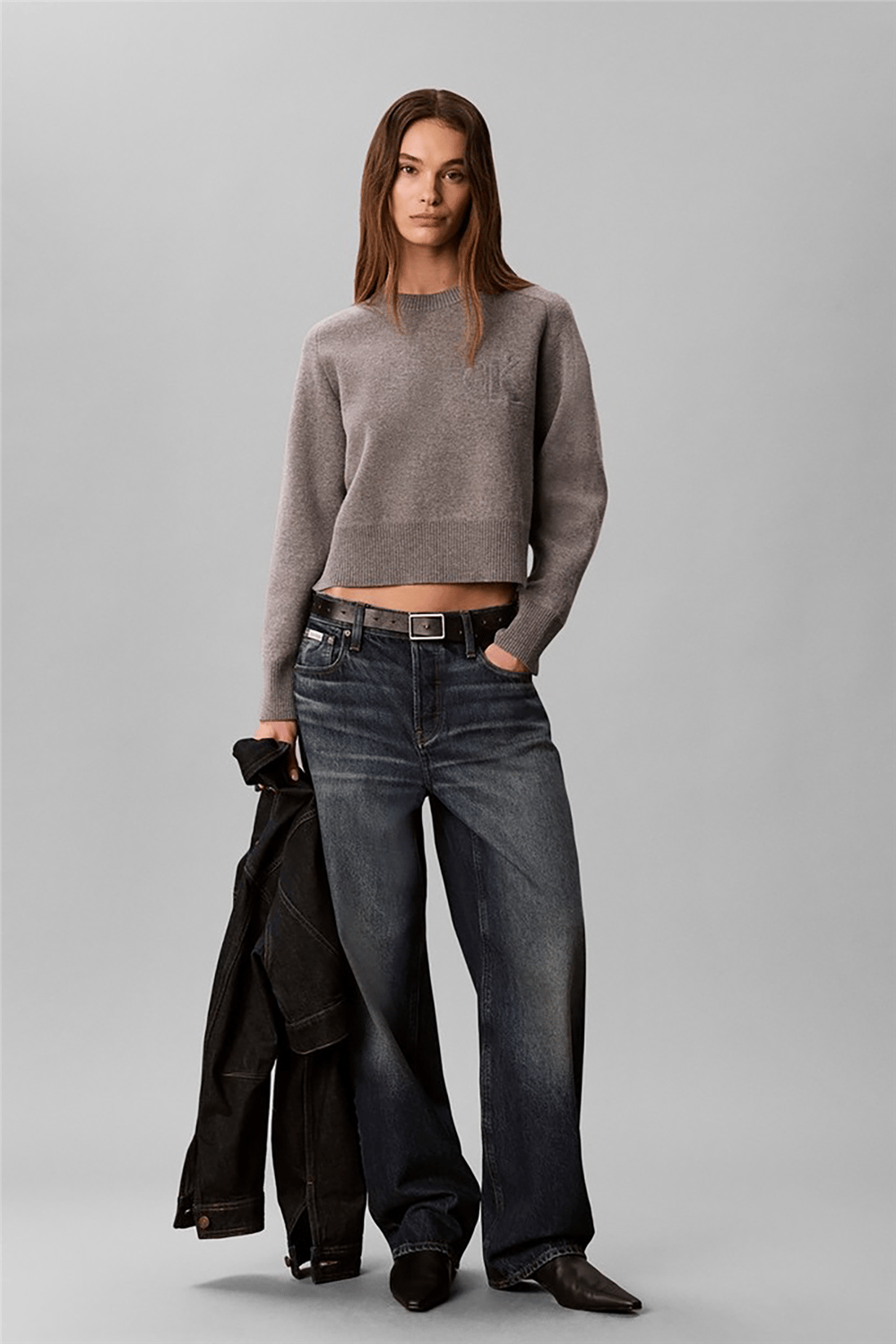 Calvin Klein Wool Cotton Raglan Pullover Kadın Triko Gri