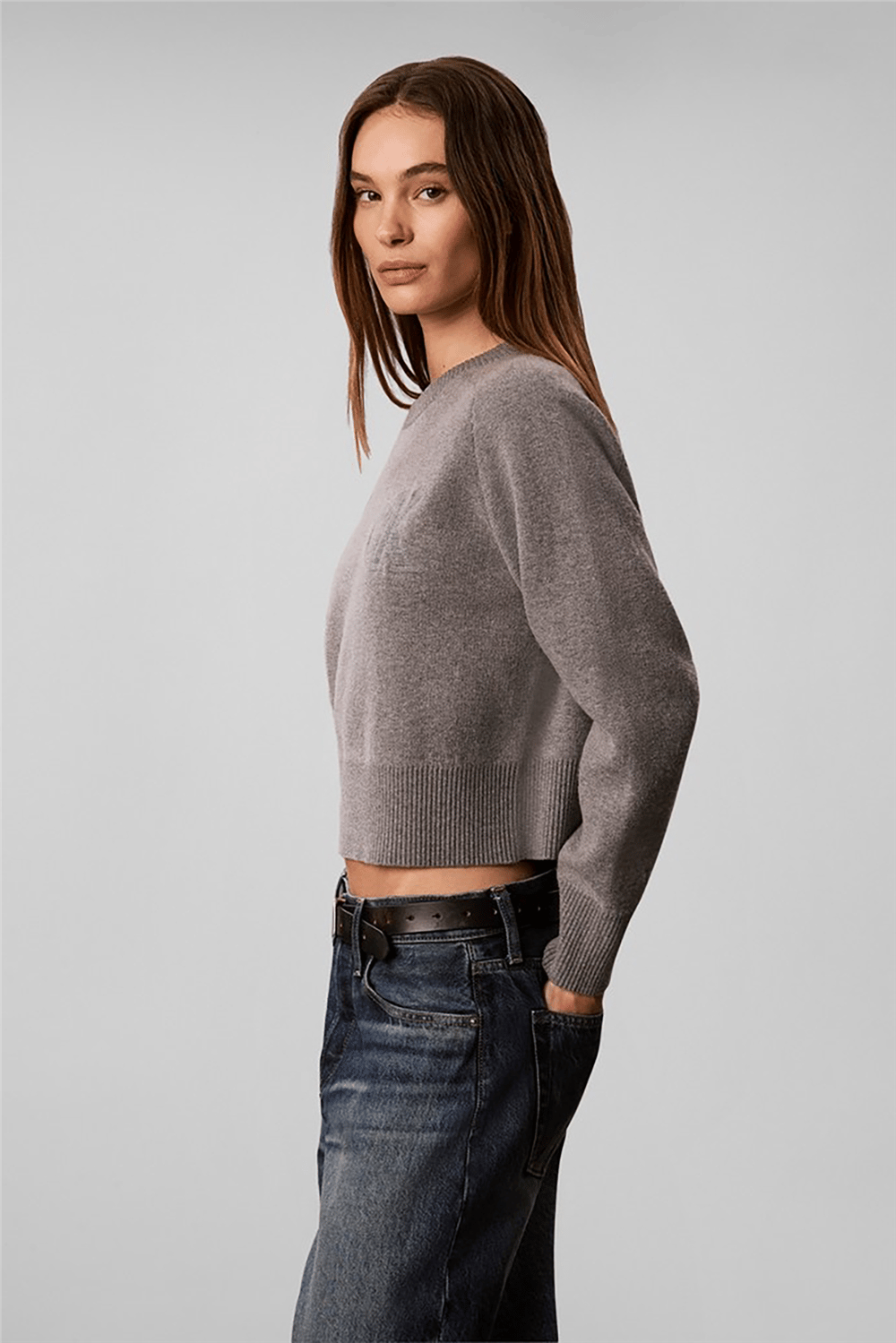 Calvin Klein Wool Cotton Raglan Pullover Kadın Triko Gri
