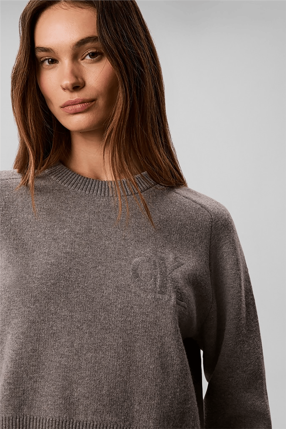 Calvin Klein Wool Cotton Raglan Pullover Kadın Triko Gri