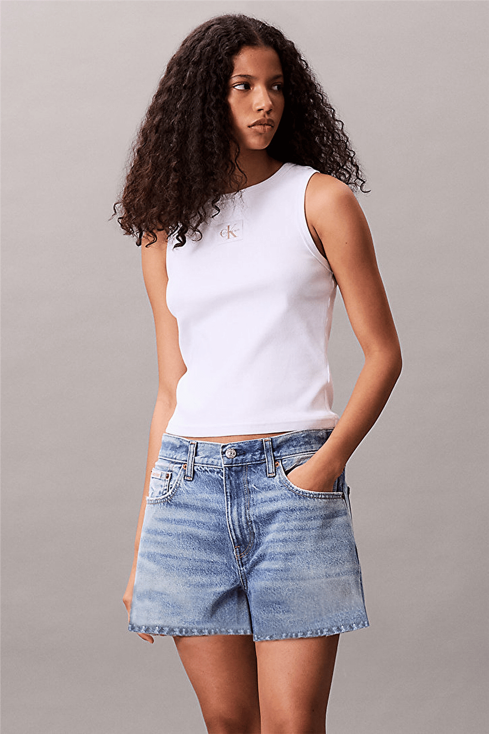 Calvin Klein Woven Label 2X2 Baby Rib Tank Kadın Kolsuz T-Shirt Beyaz