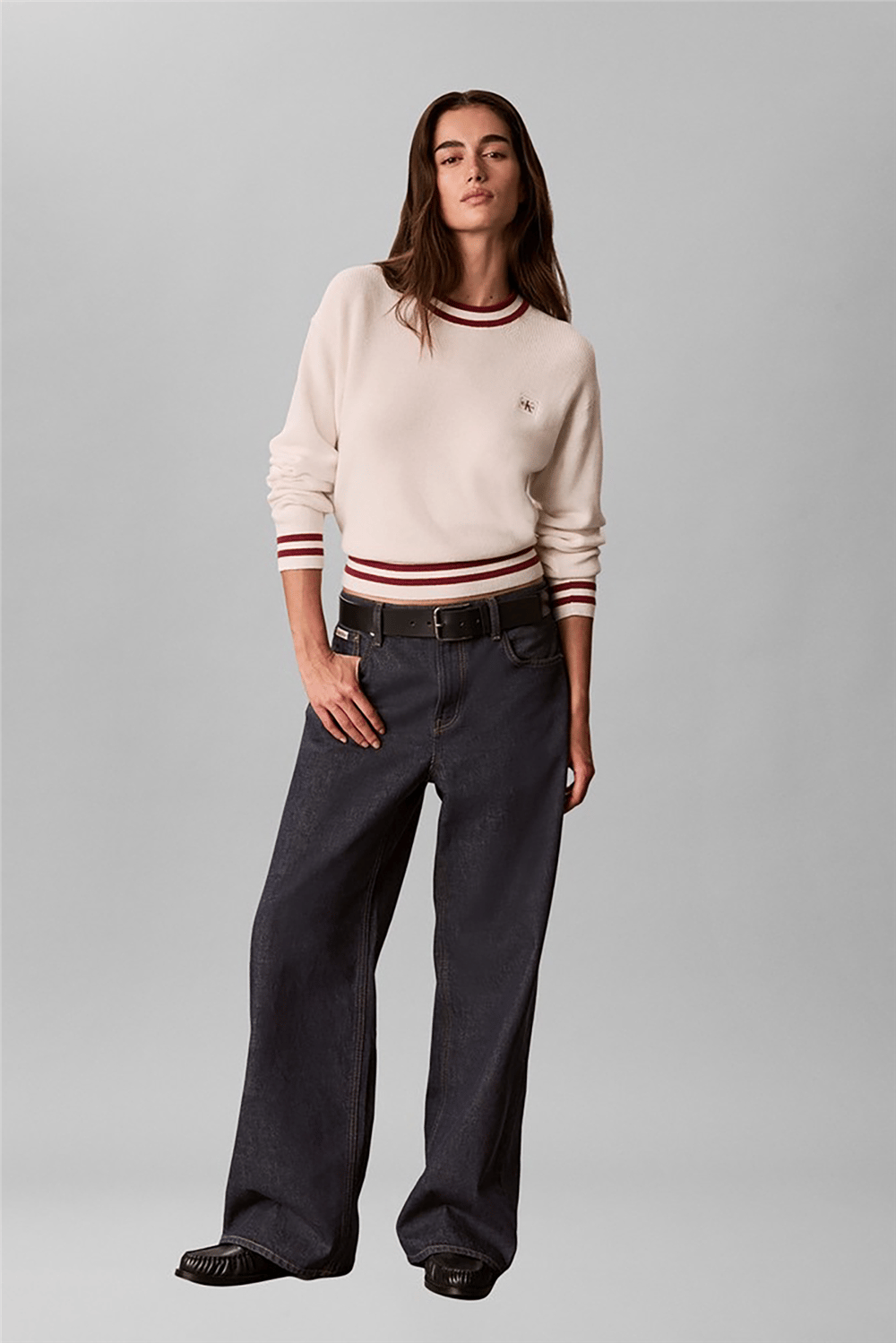 Calvin Klein Woven Label Crewneck Sweater Kadın Triko Beyaz