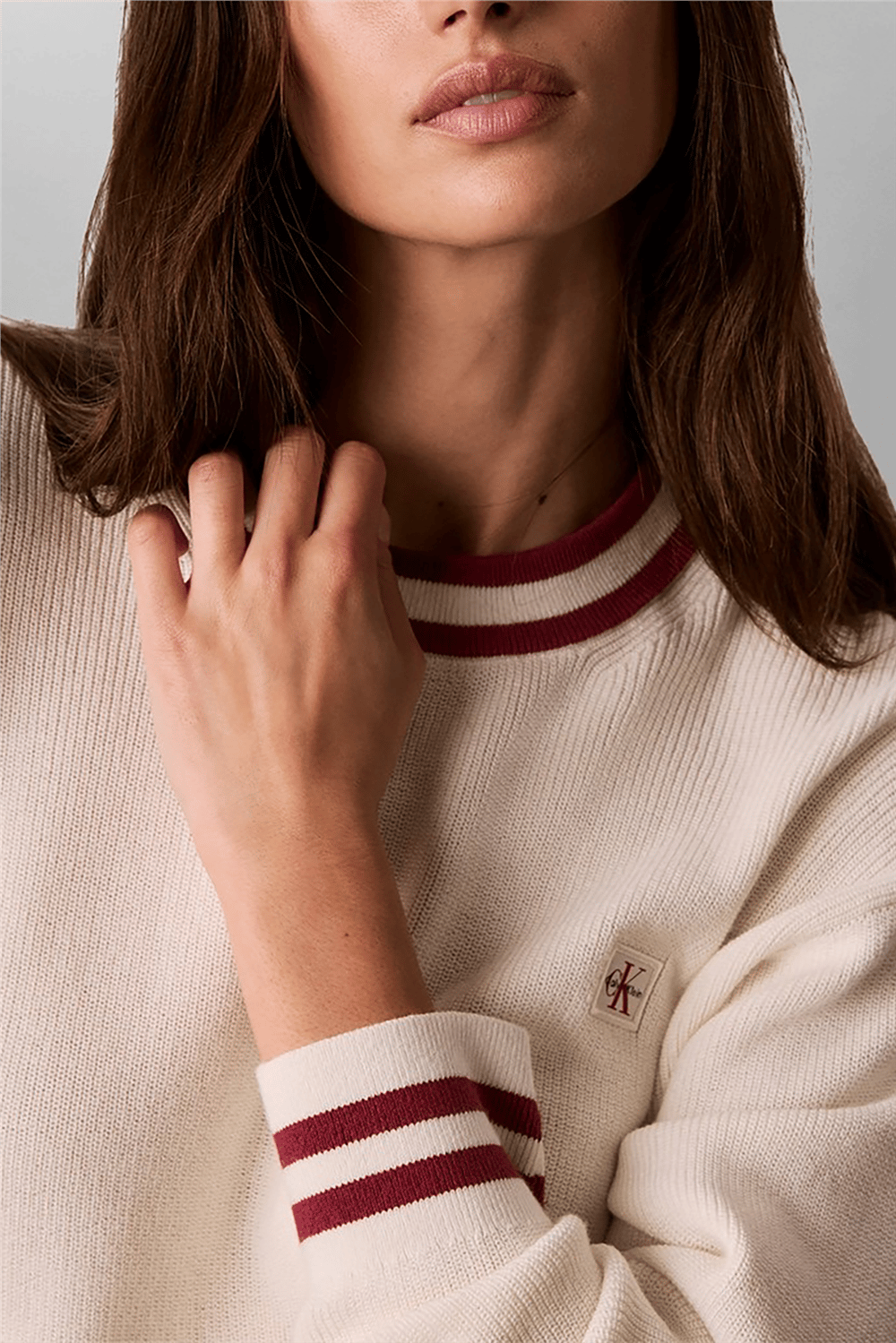 Calvin Klein Woven Label Crewneck Sweater Kadın Triko Beyaz