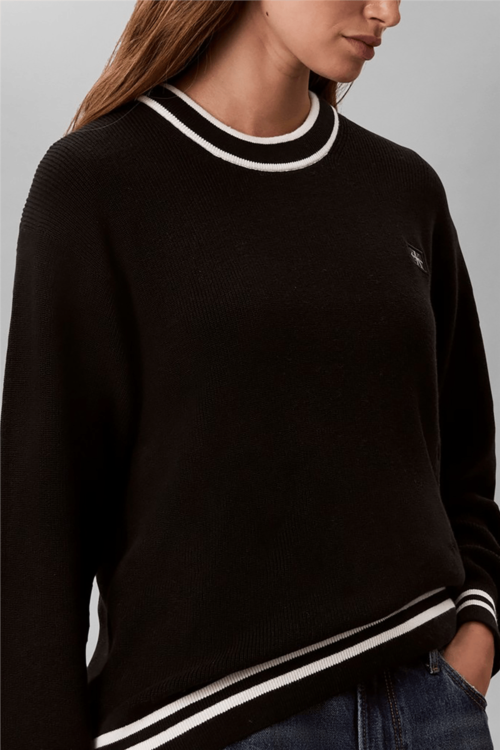 Calvin Klein Woven Label Crewneck Sweater Kadın Triko Siyah