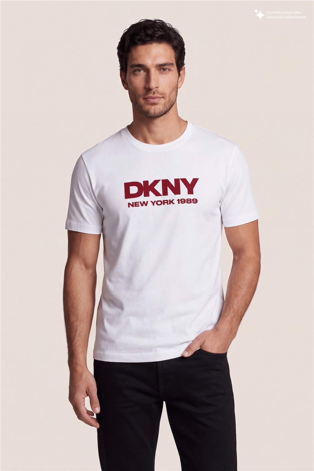 DKNY Flok Logo Tee Erkek Bisiklet Yaka T-Shirt Beyaz