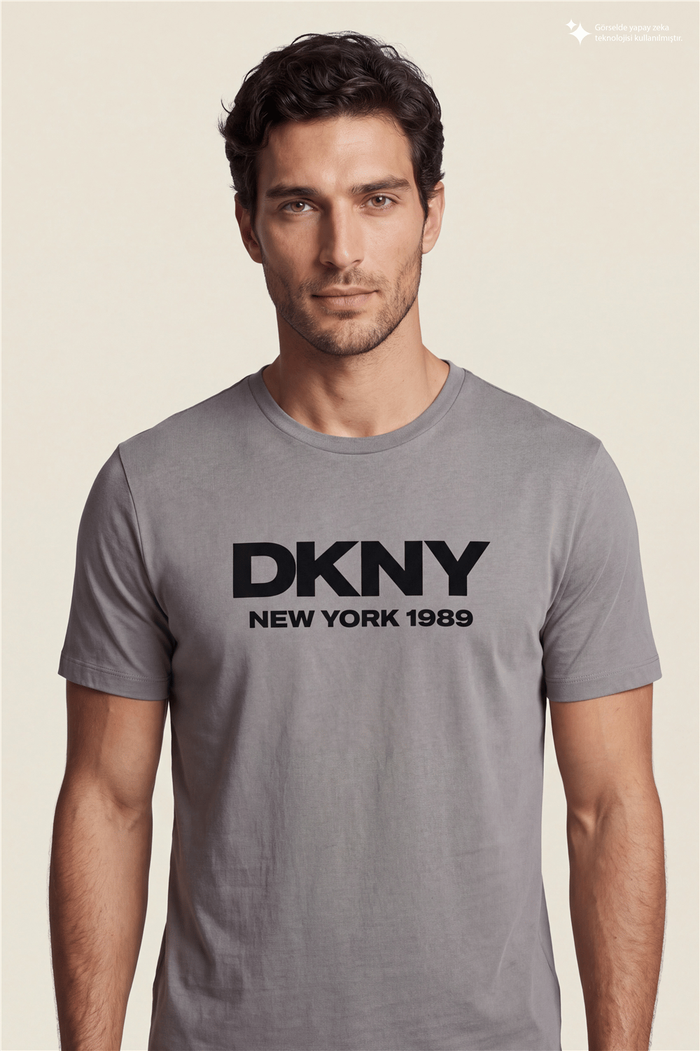 DKNY Flok Logo Tee Erkek Bisiklet Yaka T-Shirt Gri