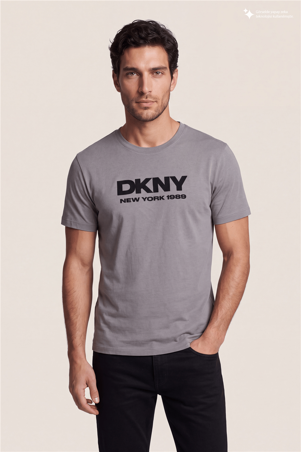DKNY Flok Logo Tee Erkek Bisiklet Yaka T-Shirt Gri