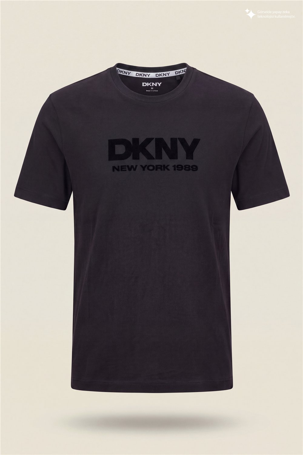 DKNY Flok Logo Tee Erkek Bisiklet Yaka T-Shirt Siyah