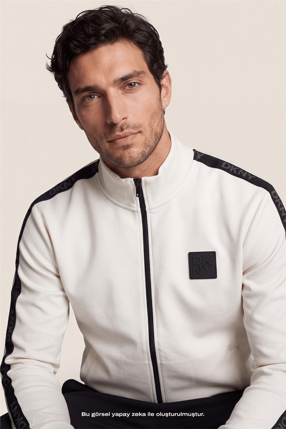 DKNY Jacquard Tape Fullzip Sweatshirt Erkek Fermuarlı Sweatshirt Beyaz