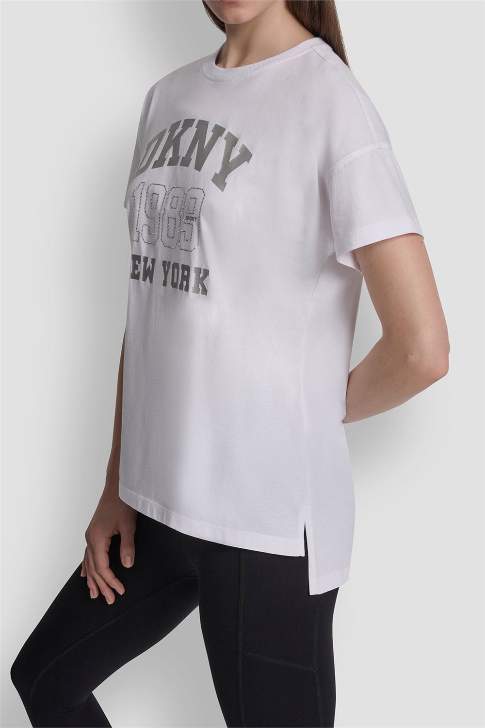 DKNY Kadın Dkny Ny 1989 Rhinest Bisiklet Yaka T-Shirt Beyaz