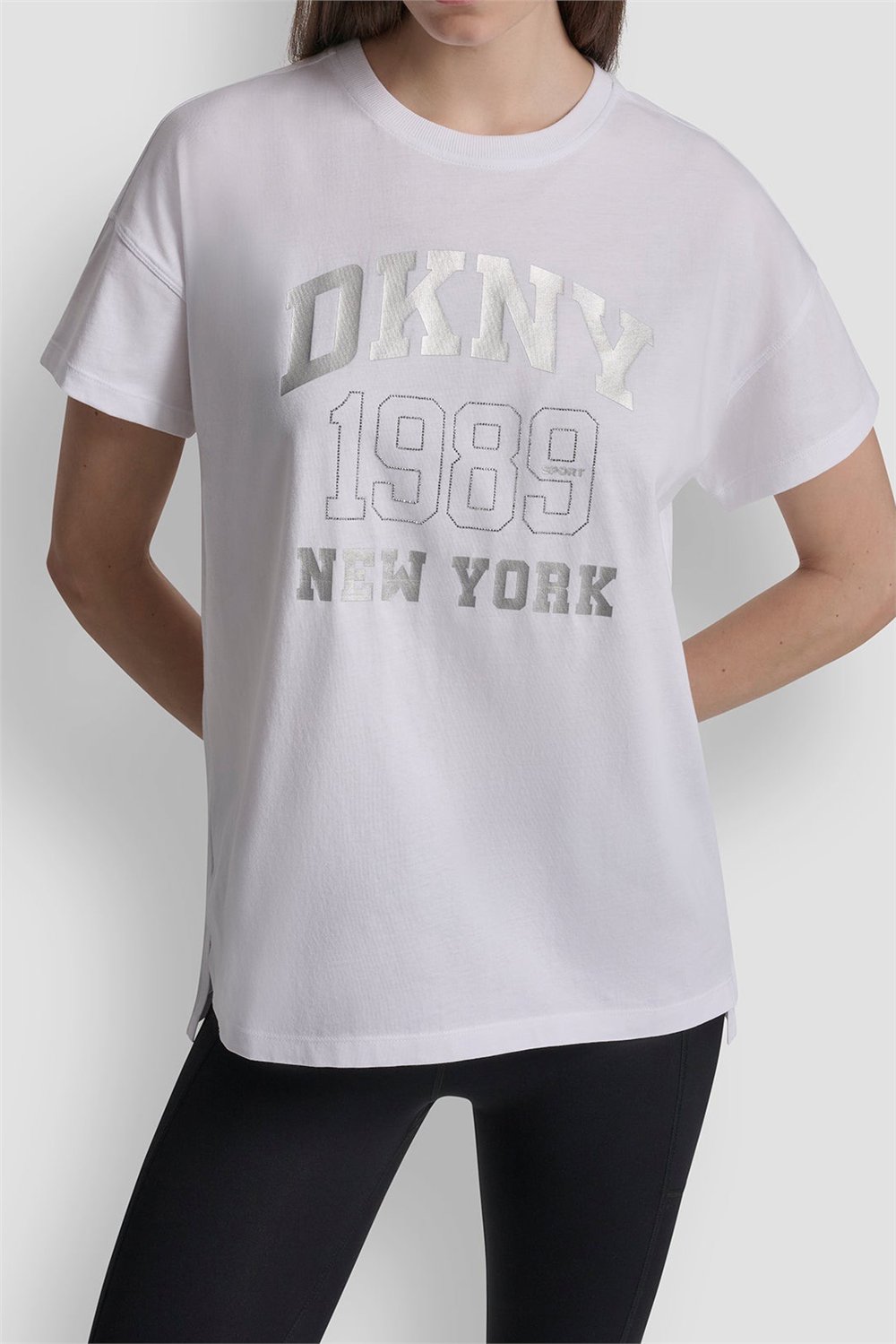 DKNY Kadın Dkny Ny 1989 Rhinest Bisiklet Yaka T-Shirt Beyaz