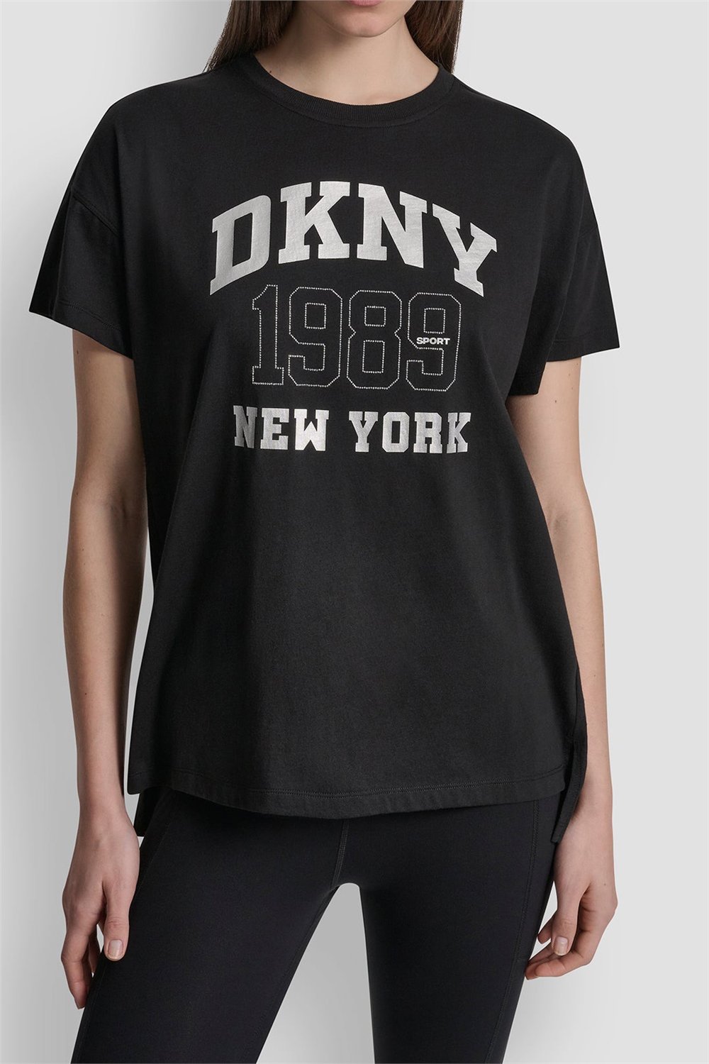 DKNY Kadın Dkny Ny 1989 Rhinest Bisiklet Yaka T-Shirt Siyah