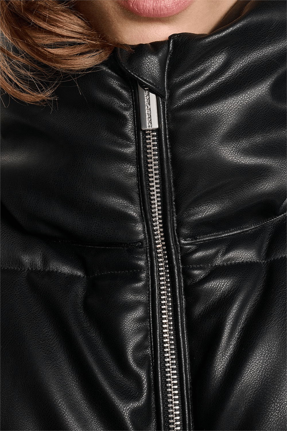 DKNY Kadın Faux Leather Puffer Şişme Mont Siyah