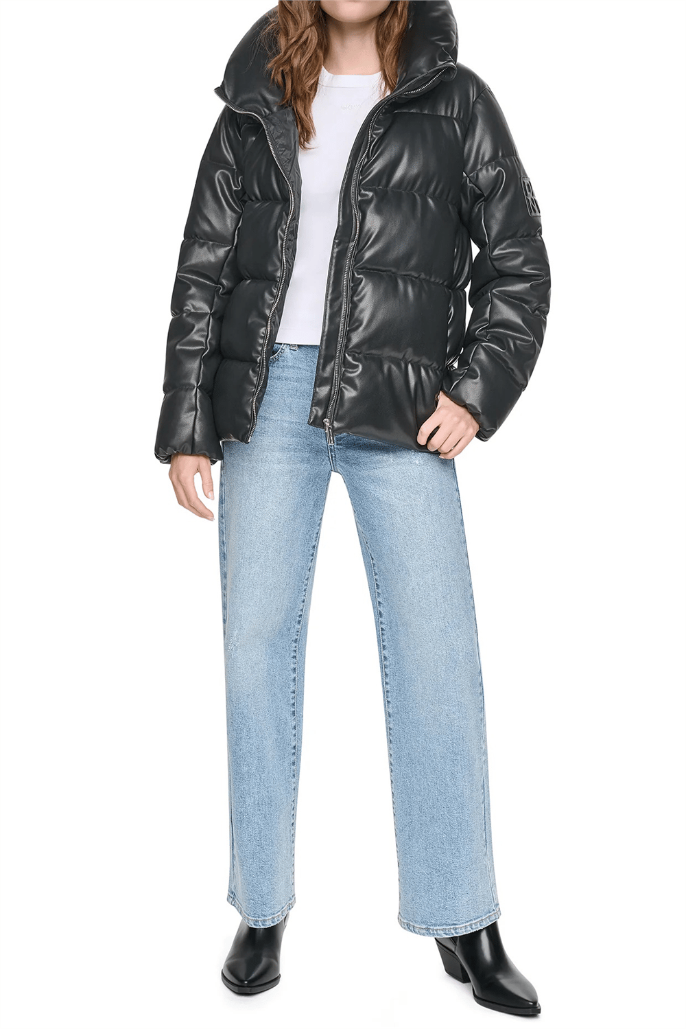 DKNY Kadın Faux Leather Puffer Şişme Mont Siyah