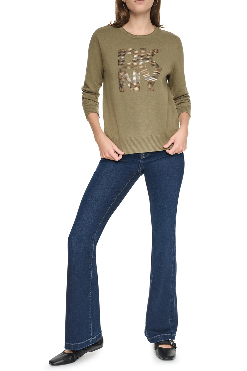 DKNY Kadın Long Sleeve Crew Nec Triko Yeşil