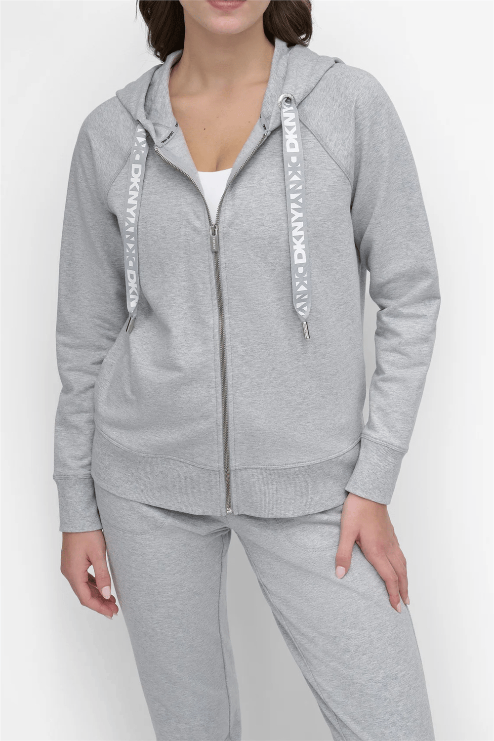 DKNY Kadın Two Tne Logo Zip Jkt Kapüşonlu Sweatshirt Gri