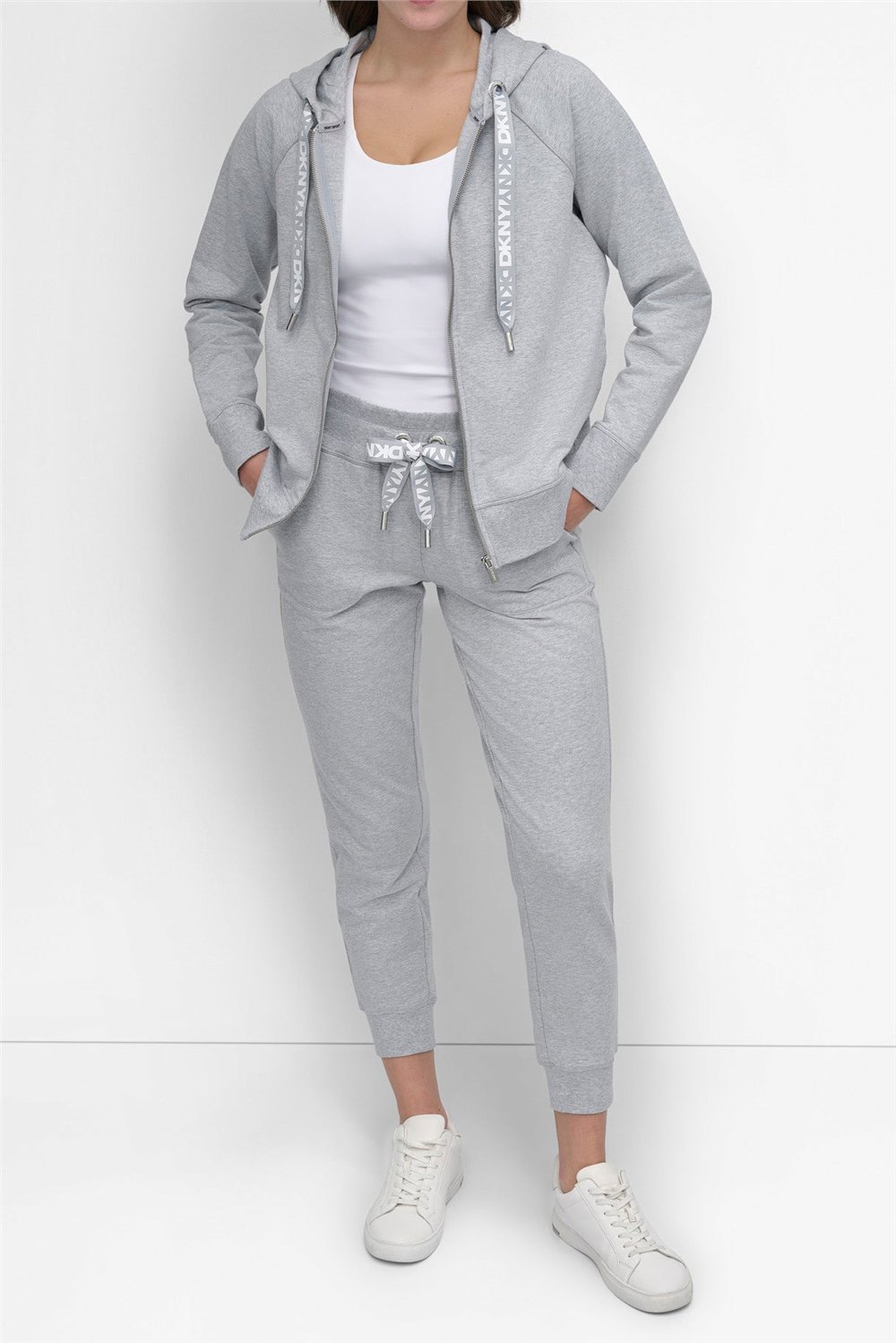 DKNY Kadın Two Tne Logo Zip Jkt Kapüşonlu Sweatshirt Gri