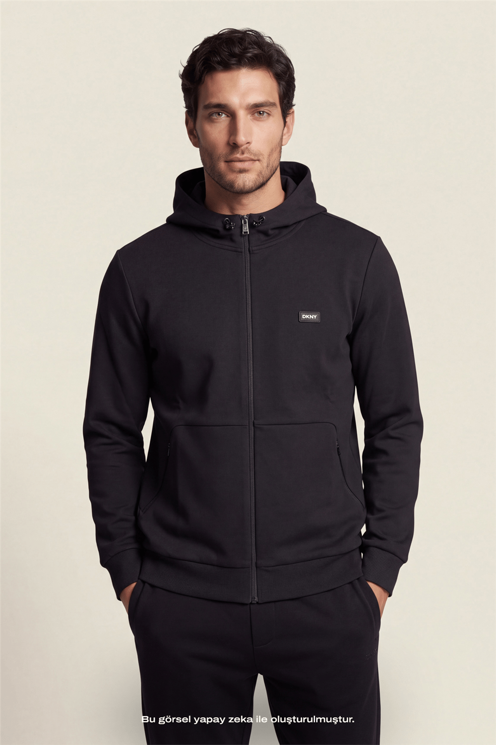 DKNY Logo Patch Hoodie Erkek Kapüşonlu Sweatshirt Siyah