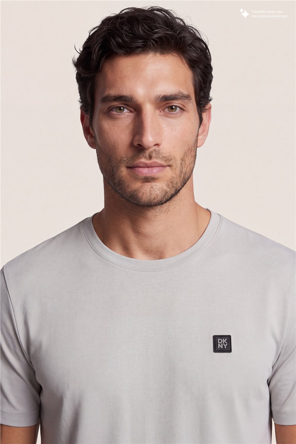 DKNY Metal Logo Tee Erkek Bisiklet Yaka T-Shirt Taş Rengi