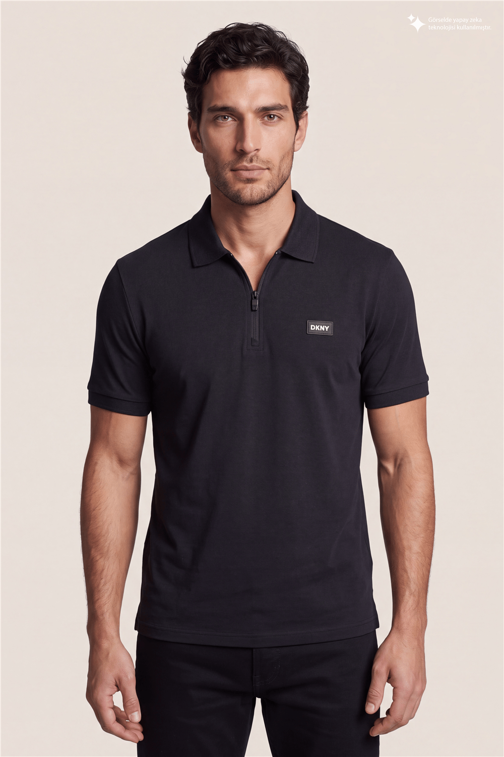 DKNY Quarter Zip Polo Erkek Polo Yaka T-Shirt Siyah
