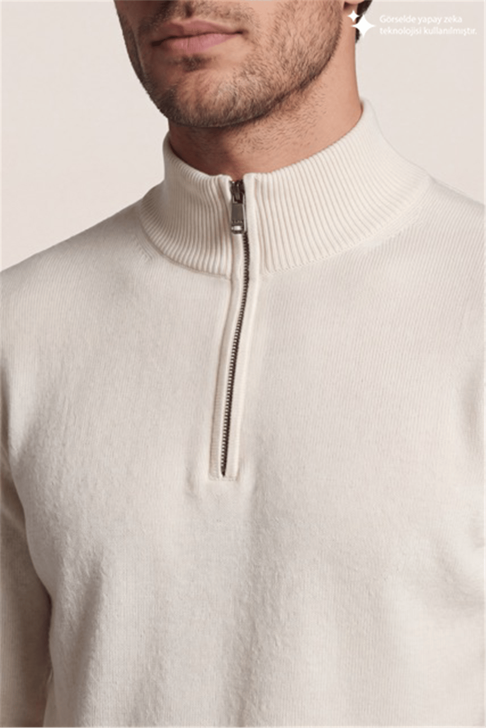 DKNY Quarter-Zip Ribbed Knit Sweater Erkek Triko Beyaz