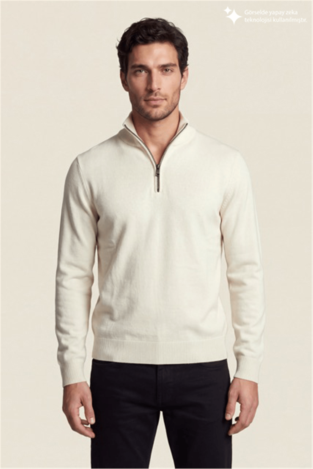 DKNY Quarter-Zip Ribbed Knit Sweater Erkek Triko Beyaz