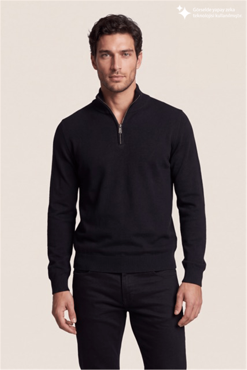 DKNY Quarter-Zip Ribbed Knit Sweater Erkek Triko Siyah