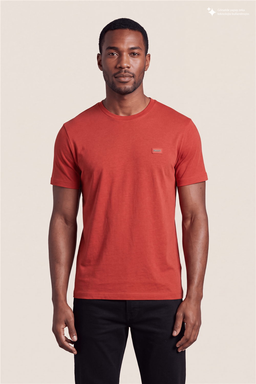 DKNY Silicone Logo Patch Tee Erkek Bisiklet Yaka T-Shirt Kiremit