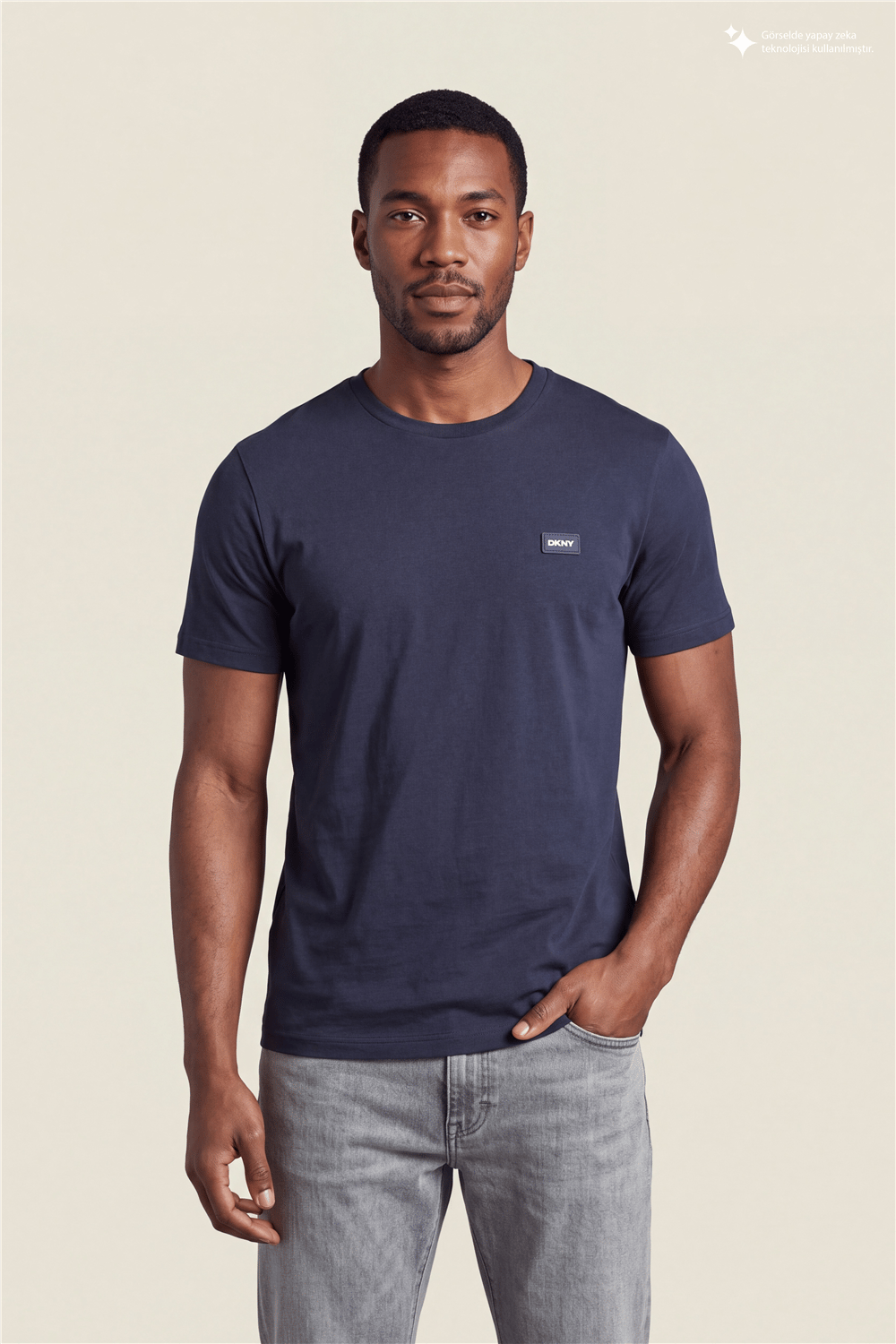 DKNY Silicone Logo Patch Tee Erkek Bisiklet Yaka T-Shirt Lacivert