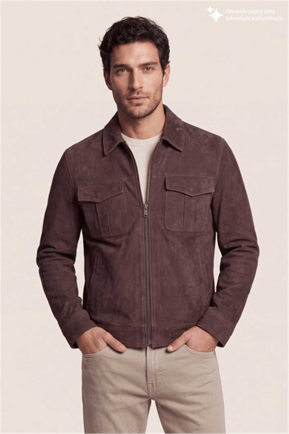 DKNY Suede Leather Zip Overshirt Erkek Deri Mont Kahverengi