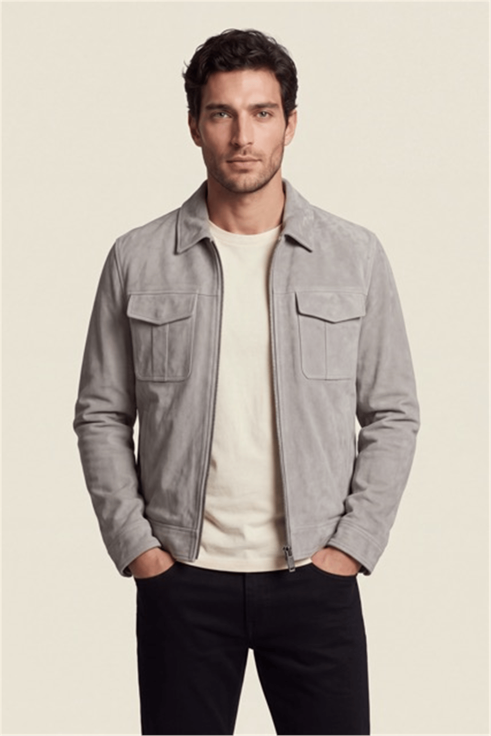DKNY Suede Leather Zip Overshirt Erkek Deri Mont Gri