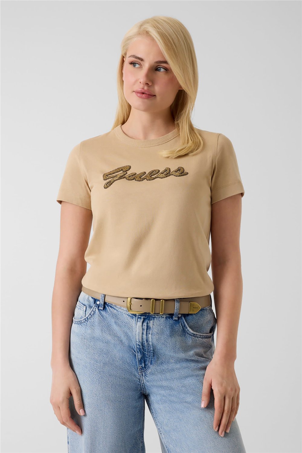 Guess Beads Kadın Regular Fit Bisiklet Yaka T-Shirt
