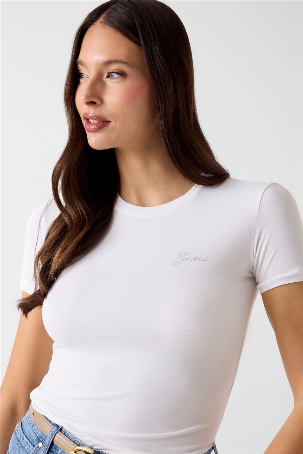 Guess Miny Kadın Modal Slim Fit Bisiklet Yaka T-Shirt Beyaz