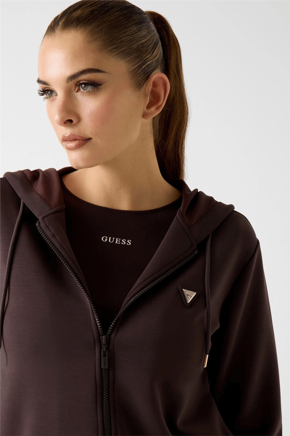 Guess Olympe Kadın Aktif Scuba Kapüşonlu Sweatshirt Kahverengi