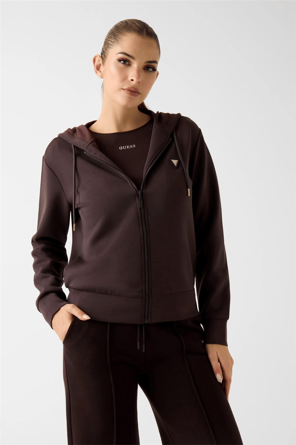Guess Olympe Kadın Aktif Scuba Kapüşonlu Sweatshirt Kahverengi