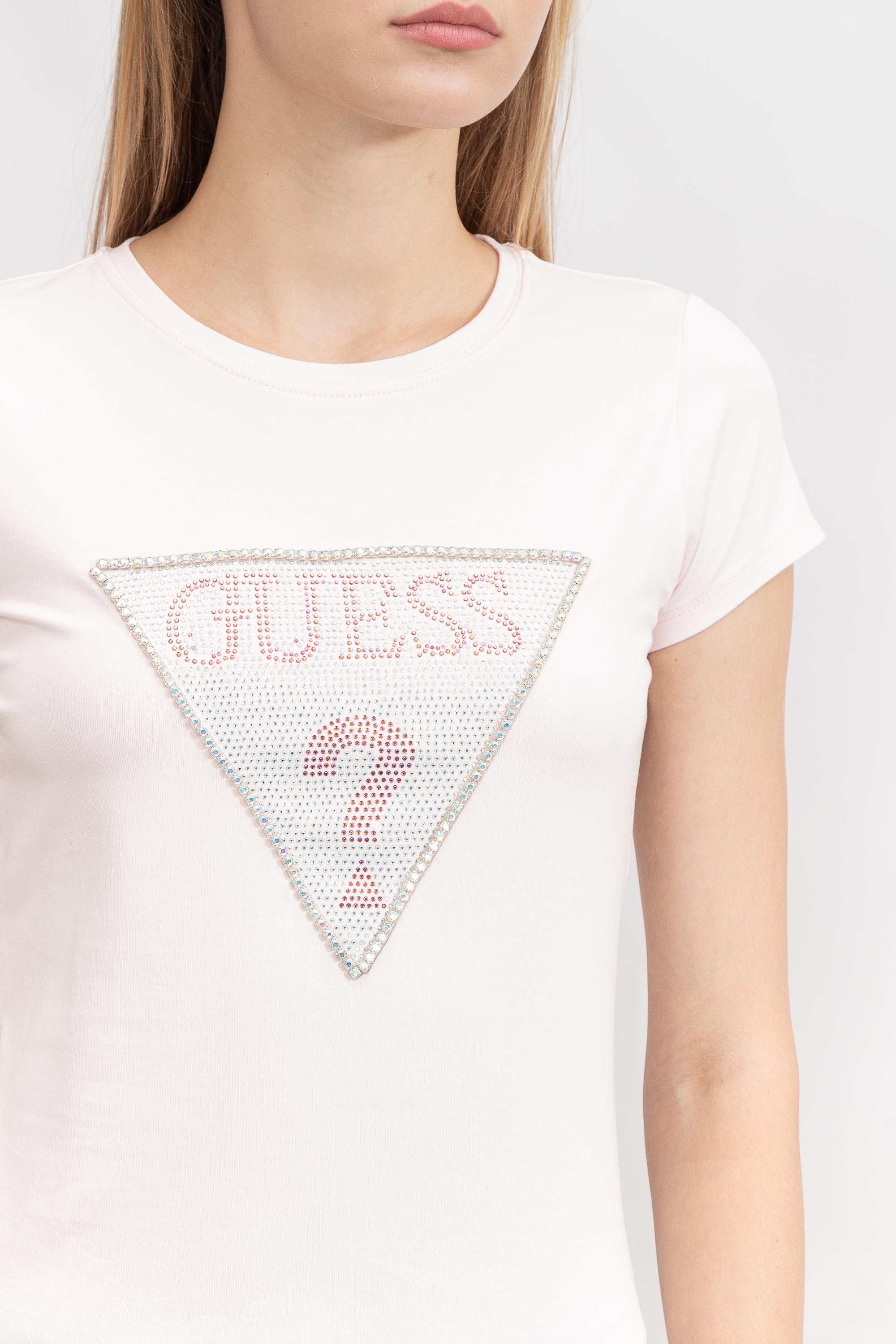Guess Ss Triangle Crystal Logo Kadın Bisiklet Yaka T-Shirt