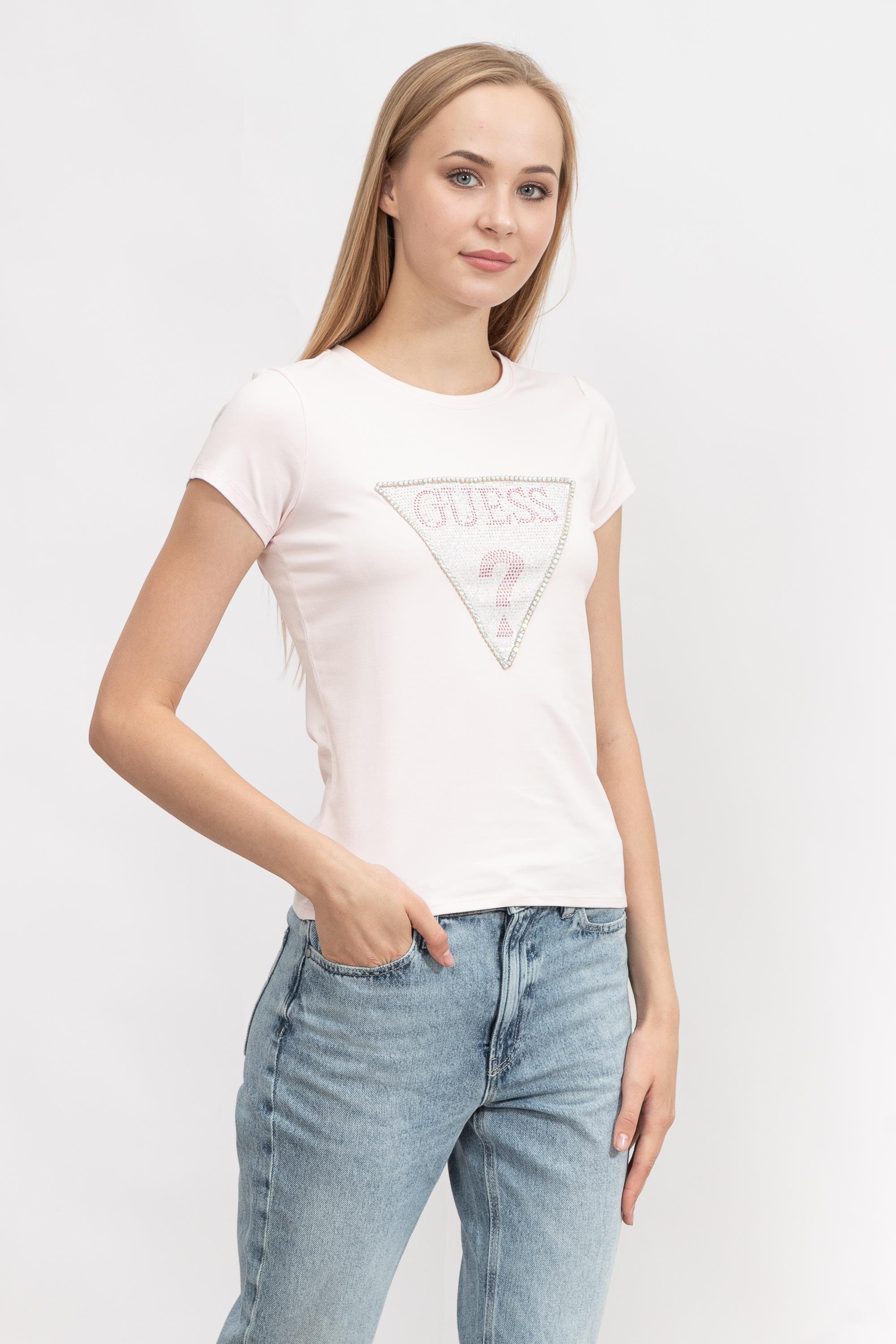 Guess Ss Triangle Crystal Logo Kadın Bisiklet Yaka T-Shirt