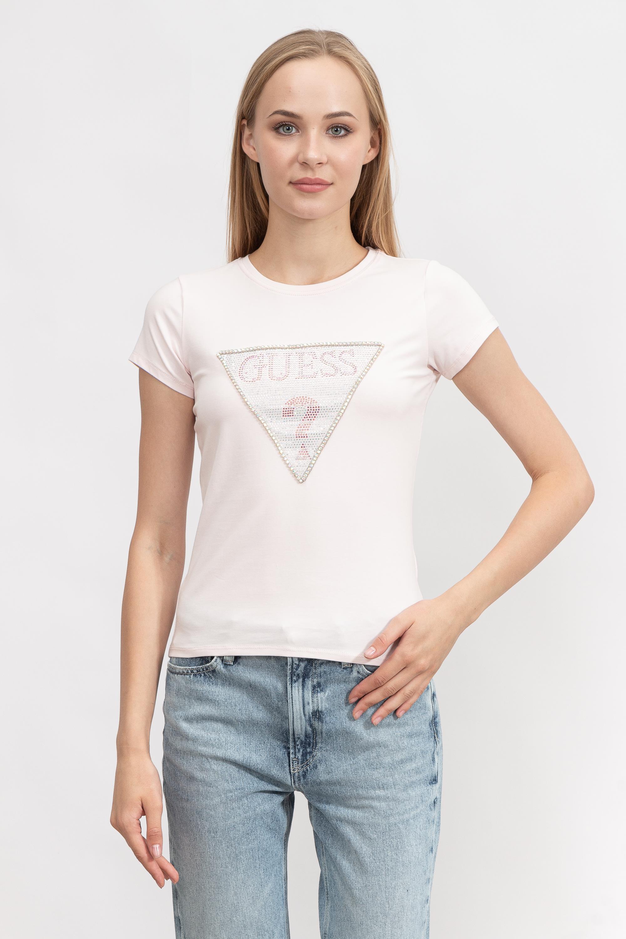 Guess Ss Triangle Crystal Logo Kadın Bisiklet Yaka T-Shirt