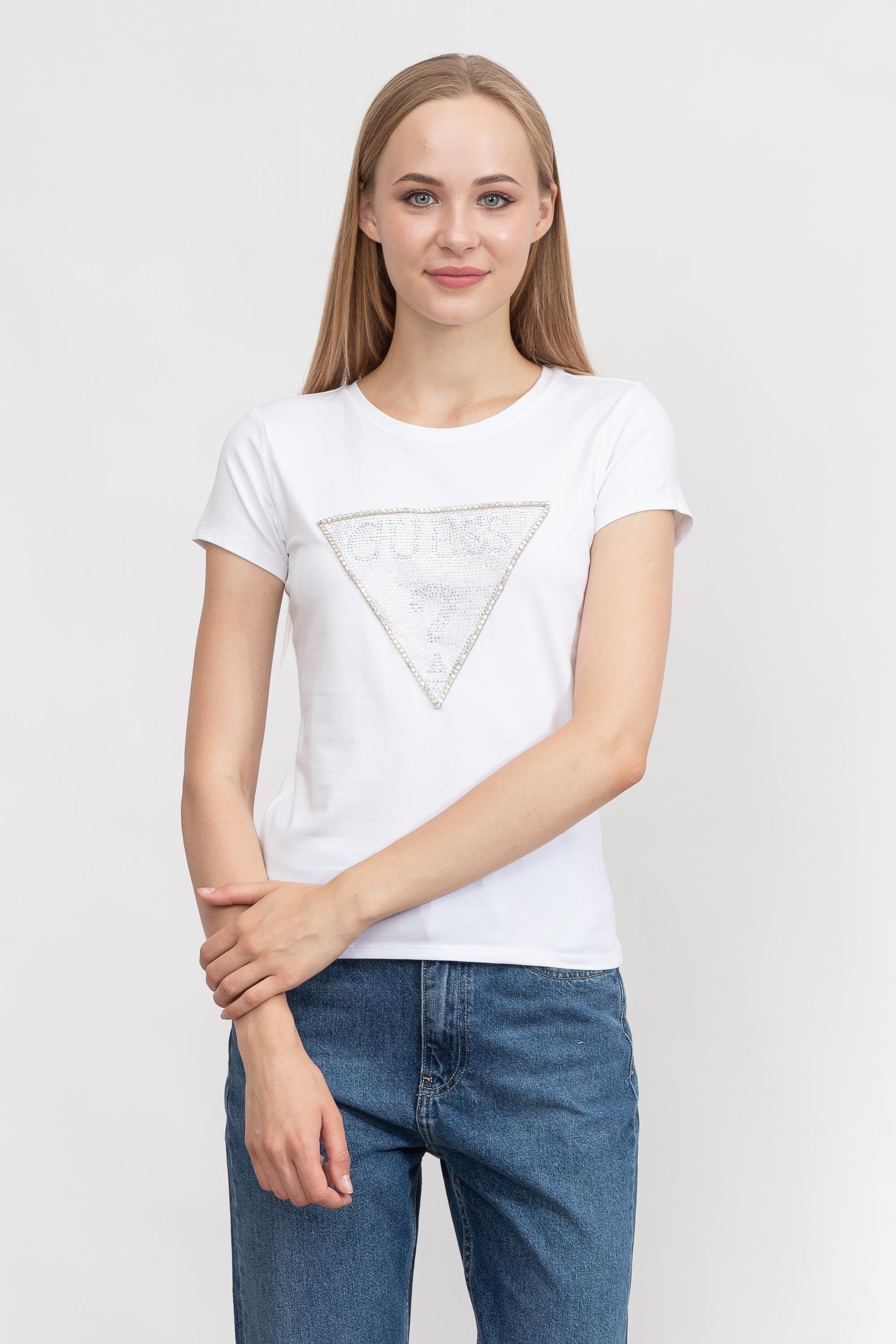Guess Ss Triangle Crystal Logo Kadın Bisiklet Yaka T-Shirt