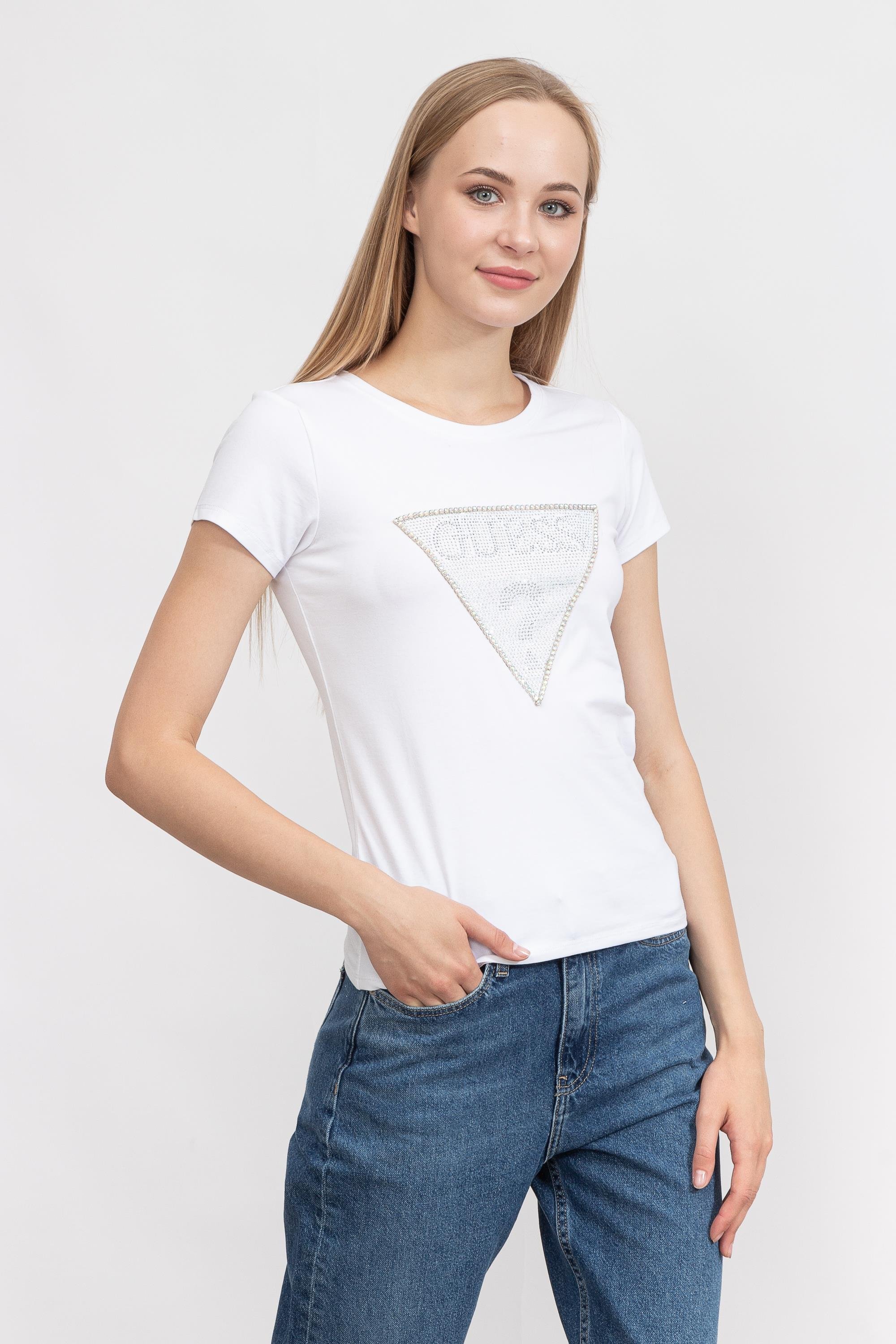 Guess Ss Triangle Crystal Logo Kadın Bisiklet Yaka T-Shirt