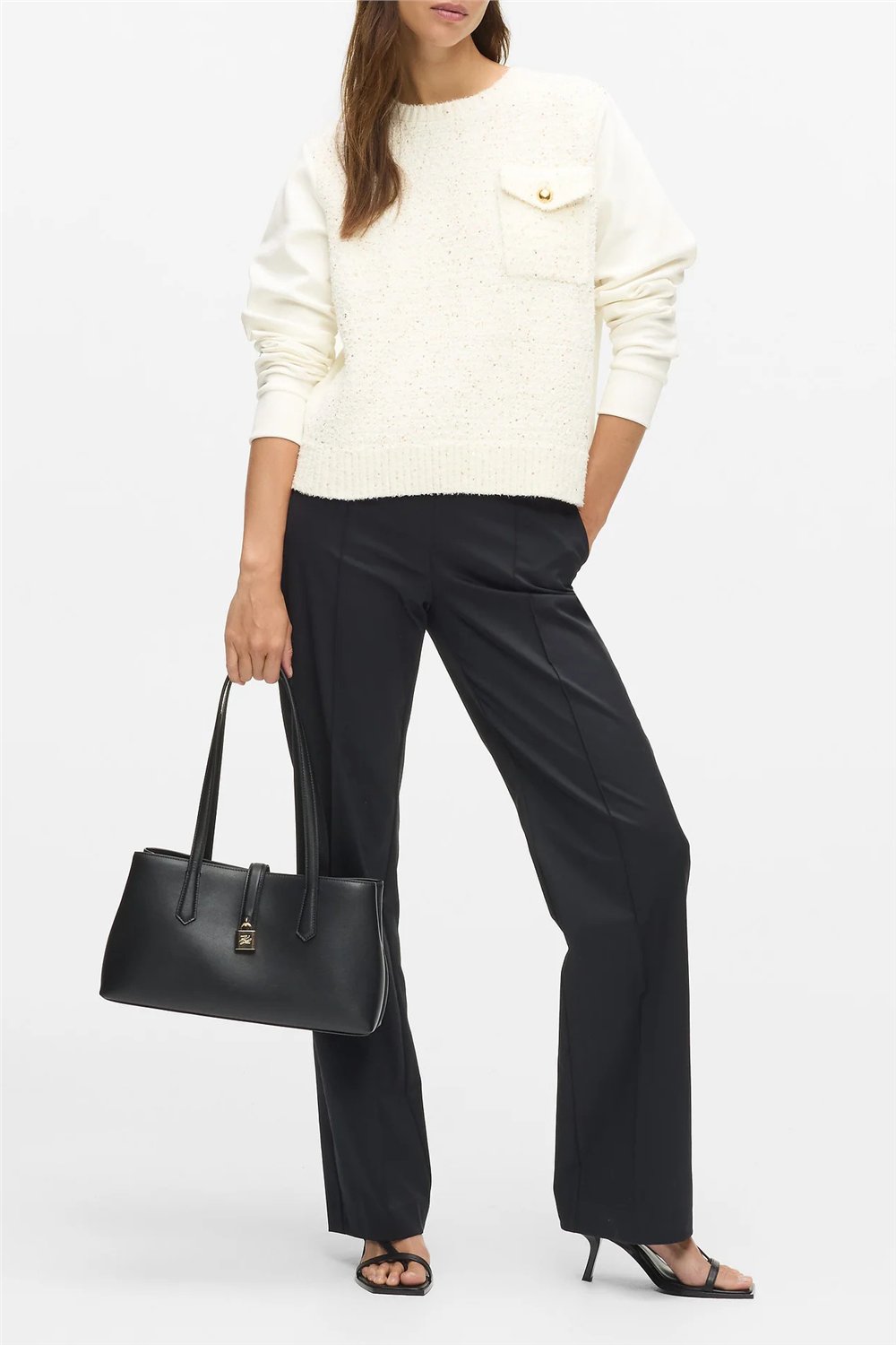 Karl Lagerfeld Boucle Knit Mix Kadın Bisiklet Yaka Sweatshirt Krem